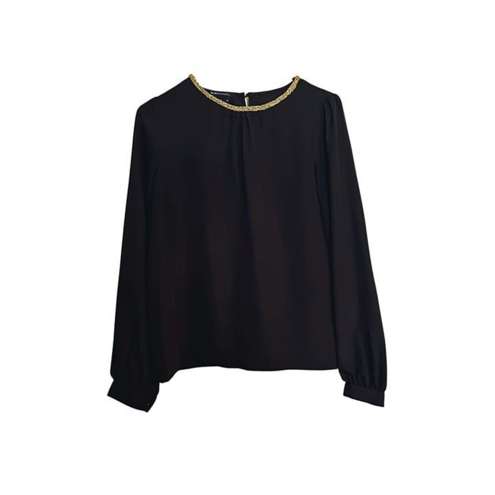 BCBG MAXAZRIA BLACK TOP BLOUSE LONG SLEEVE GOLD STATEMENT NECKLINE SIZE XS EUC